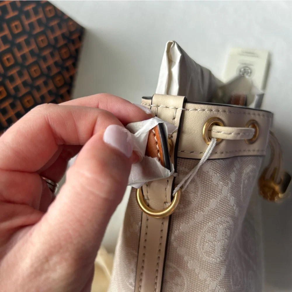 Tory Burch T Monogram Mini Bucket Bag Crossbody Bag Ivory Gold Cream White Tan